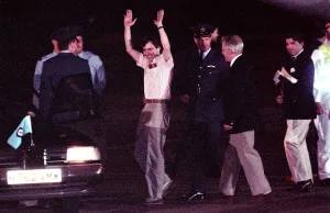 John McCarthy arrives back in Britain at RAF Lyneham. McCarthy had been held hostage for John McCarthy arrives back in Britain at RAF Lyneham. McCarthy had been held hostage for