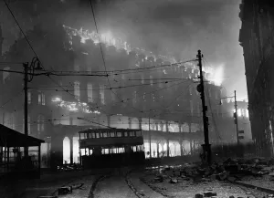 John Walsh department store, High Street, Sheffield, blazing during the raid John Walsh department store, High Street, Sheffield, blazing during the raid