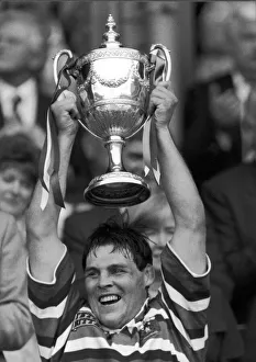 John Wells lifts the Pilkington Cup for Leicester after beating Harlequins. 3rd May 1993 John Wells lifts the Pilkington Cup for Leicester after beating Harlequins. 3rd May 1993