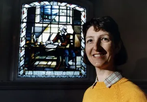 Joy Brodier standing infront of a stained church window this is the picture th at she Joy Brodier standing infront of a stained church window this is the picture th at she