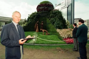 Judges examine the flower displays in Centenary Square, Birmingham Judges examine the flower displays in Centenary Square, Birmingham