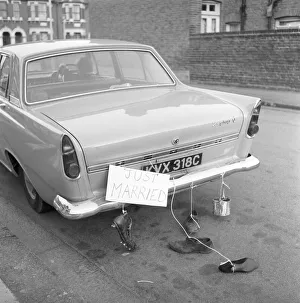 Just Married: Wedding car boots and can. 1970 A1264 *** Local Caption *** Greeting Cards Just Married: Wedding car boots and can. 1970 A1264 *** Local Caption *** Greeting Cards