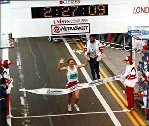 Katrin Dorre crosses the finish line of the 1993 London Marathon Katrin Dorre crosses the finish line of the 1993 London Marathon