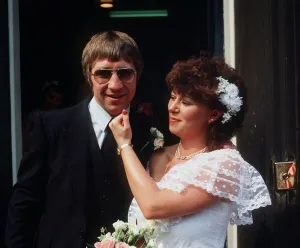 Ken Buchanan boxer August 1983 wedding bride with fist at grooms chin Ken Buchanan boxer August 1983 wedding bride with fist at grooms chin