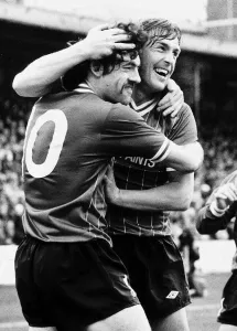 Kenny Dalglish footballer Liverpool FC congratulates celebrates with John Wark 1984 Kenny Dalglish footballer Liverpool FC congratulates celebrates with John Wark 1984