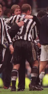 Kenny Dalglish Newcastle manager April 1997 hugging Alan Shearer who had scored Kenny Dalglish Newcastle manager April 1997 hugging Alan Shearer who had scored