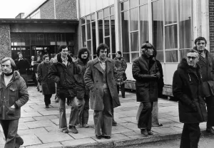 Kirkby Manufacturing and Engineering worker's cooperative, members leaving meeting Kirkby Manufacturing and Engineering worker's cooperative, members leaving meeting