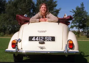 Kirsty Morgan leaning out of the back of Morris Minor Tourer 16th Septeber 1997 Kirsty Morgan leaning out of the back of Morris Minor Tourer 16th Septeber 1997