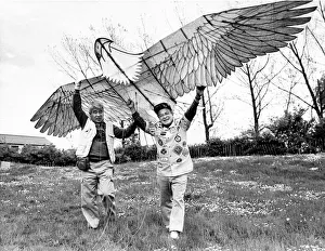 Kite master Mr. Takeshi Nishibayashi (right) with one of his creations in July 1988 Kite master Mr. Takeshi Nishibayashi (right) with one of his creations in July 1988
