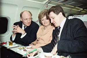 Labour leader Neil Kinnock and his wife Glenys on the campaign plane with Alastair Labour leader Neil Kinnock and his wife Glenys on the campaign plane with Alastair