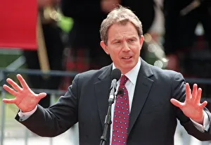 Labour Leader Tony Blair at Dumfries talking into a microphone. 1997 Labour Leader Tony Blair at Dumfries talking into a microphone. 1997