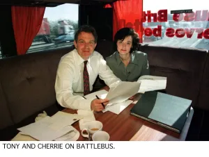 Labour leader Tony Blair with his wife Cherie on the Labour Partys battle bus. April 1997 Labour leader Tony Blair with his wife Cherie on the Labour Partys battle bus. April 1997