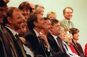 Labour Party NEC Millbank Tower London Tony Blair adjusts his tie for the group picture Labour Party NEC Millbank Tower London Tony Blair adjusts his tie for the group picture