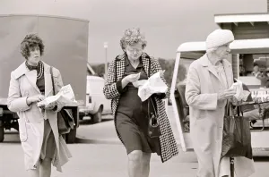 Three ladies eating chips, Trecco Bay south Wales, August 1977 Three ladies eating chips, Trecco Bay south Wales, August 1977
