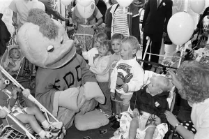 This larger than life version of BBC children's TV personality Edd the Duck visited This larger than life version of BBC children's TV personality Edd the Duck visited