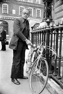 Larry Adler, musician seen here with his push bike. April 1975 S75-1891-001 Larry Adler, musician seen here with his push bike. April 1975 S75-1891-001