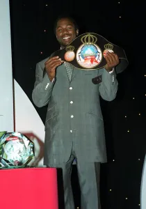 Lennox Lewis boxer with his Pride of Britian belt May 1999 at The Mirror Pride of Lennox Lewis boxer with his Pride of Britian belt May 1999 at The Mirror Pride of