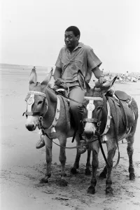 Lenny Henry riding a Donkey at Blackpool Beach, Lancashire. 15th July 1984 Lenny Henry riding a Donkey at Blackpool Beach, Lancashire. 15th July 1984