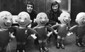 Liverpool captain Tommy Smith and Ian Callaghan met the inflatable footballers at a city Liverpool captain Tommy Smith and Ian Callaghan met the inflatable footballers at a city