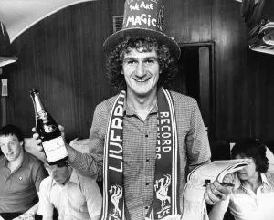 Liverpool footballer Phil Thomspon wearing top hart and club scarf Liverpool footballer Phil Thomspon wearing top hart and club scarf