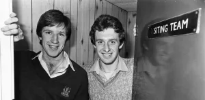 Liverpool footballers Ronnie Whelan and Kevin Sheedy pictured together in the away Liverpool footballers Ronnie Whelan and Kevin Sheedy pictured together in the away