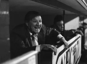 Liverpool manager Bob paisley in happy mood in his dugout. Circa 1981 Liverpool manager Bob paisley in happy mood in his dugout. Circa 1981