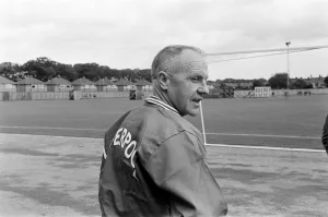 Liverpool manager Bill Shankly takes charge of a training session as the team are Liverpool manager Bill Shankly takes charge of a training session as the team are