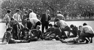 Liverpool manager Bill Shankly tries to encourage his players as the score finishes level Liverpool manager Bill Shankly tries to encourage his players as the score finishes level