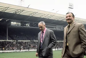 Liverpool manager Bill Shankly walks on to the pitch accompanied by Bob Paisley at Liverpool manager Bill Shankly walks on to the pitch accompanied by Bob Paisley at