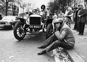 London to Brighton Veteran Car Rally 1982. DJ Terry Wogan sits London to Brighton Veteran Car Rally 1982. DJ Terry Wogan sits