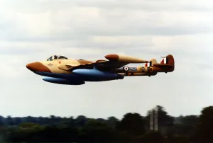 A low flying ex-RAF De Havilland Venom. Circa: 01/08/1998 A low flying ex-RAF De Havilland Venom. Circa: 01/08/1998