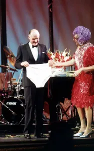 Major Ron Ferguson Barry Humphries actor in a Charity performance of the play Back with a Major Ron Ferguson Barry Humphries actor in a Charity performance of the play Back with a
