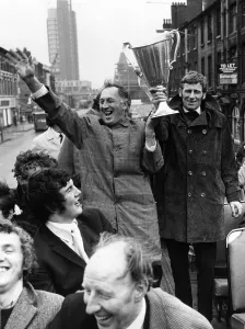 Manchester City manager Joe Mercer and Tony Dunne hold aloft the European Cup Winners Manchester City manager Joe Mercer and Tony Dunne hold aloft the European Cup Winners