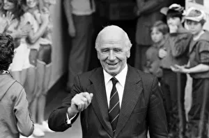 Manchester United 2 v. Stoke City 0. Division 1 Football. Sir Matt Busby waves to fans Manchester United 2 v. Stoke City 0. Division 1 Football. Sir Matt Busby waves to fans