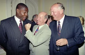 Former Manchester United and England footballer Bobby Charlton hams it up with boxers Former Manchester United and England footballer Bobby Charlton hams it up with boxers