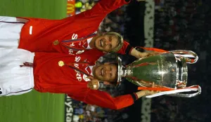 Manchester United's David Beckham May 1999 and goal scorer Teddy Sheringham Manchester United's David Beckham May 1999 and goal scorer Teddy Sheringham