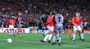 Manchester United's May 1999 Teddy Sheringham scores equalising goal in the 90th Manchester United's May 1999 Teddy Sheringham scores equalising goal in the 90th