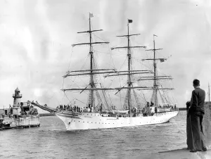 Manned by cadets, the Norwegian training ship Sorlandet is seen entering the River Wear Manned by cadets, the Norwegian training ship Sorlandet is seen entering the River Wear