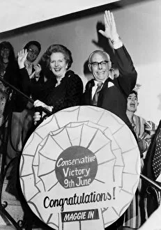 Images Dated 9th June 1983: Margaret Thatcher and Denis Thatcher celebrate election victory at Tory party