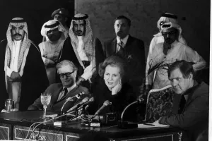 Margaret Thatcher with Douglas Hurd and Bernard Ingham at press conference in Riyadh Margaret Thatcher with Douglas Hurd and Bernard Ingham at press conference in Riyadh