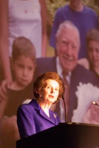 Margaret Thatcher ex Prime Minister speaking at a Blacpool cinema for the Pro Augusto Margaret Thatcher ex Prime Minister speaking at a Blacpool cinema for the Pro Augusto