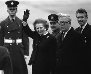 Margaret Thatcher with Geoffrey Howe greeting Mikhail and Raisa Gorbachev at RAF Brize Margaret Thatcher with Geoffrey Howe greeting Mikhail and Raisa Gorbachev at RAF Brize