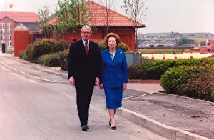 Margaret Thatcher and John Major walk in the wilderness at the Teesside Development Park Margaret Thatcher and John Major walk in the wilderness at the Teesside Development Park