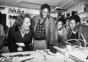 MARGARET THATCHER JOKES WITH TRAINEES AT MARSH BROTHERS IN FULHAM - 15TH APRIL 1983 MARGARET THATCHER JOKES WITH TRAINEES AT MARSH BROTHERS IN FULHAM - 15TH APRIL 1983