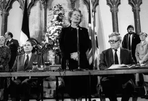 Margaret Thatcher signs Channel Agreement Feb 1986 with Francois Mitterrand Margaret Thatcher signs Channel Agreement Feb 1986 with Francois Mitterrand