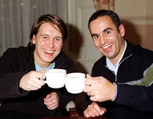 Mark Owen former member of boy band Take That 2nd November 1997 shares a cup of te Mark Owen former member of boy band Take That 2nd November 1997 shares a cup of te