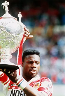 Images Dated 4th May 1992: Martin Offiah, Rugby League, 1992 Pictured holding up the Challenge Cup