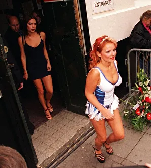 Members of Pop Group Spice Girls Victoria Adams and Geri Halliwell leaving the theatre Members of Pop Group Spice Girls Victoria Adams and Geri Halliwell leaving the theatre