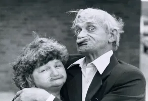 Meville Taylor gurning with his long lost sister Joan Priddle March 1980 Meville Taylor gurning with his long lost sister Joan Priddle March 1980