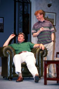 MICHAEL MELIA & JOHN SALTHOUSE IN A SCENE FROM THE PLAY ABSENT FRIENDS BY ALAN AYCKBOURN MICHAEL MELIA & JOHN SALTHOUSE IN A SCENE FROM THE PLAY ABSENT FRIENDS BY ALAN AYCKBOURN